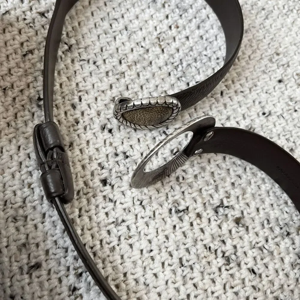 Vintage 90s Chico's Hammered Metal Buckle Thin Belt - Brown Leather, S/M